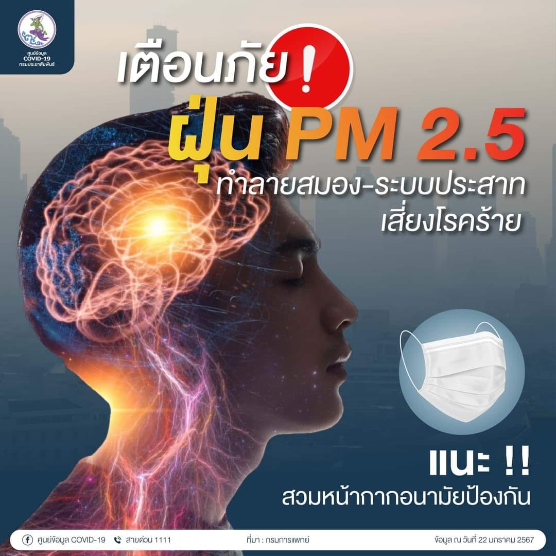 💥เตือนภัย !! ฝุ่น PM 2.5 ทำลายสมอง-ระบบประสาท เสี่ยงโรคร้าย แนะ !! สวมหน้ากากอนามัยป้องกัน